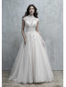 Cap Sleeve High Neck Beaded Ivory Lace Tulle Wedding Dress